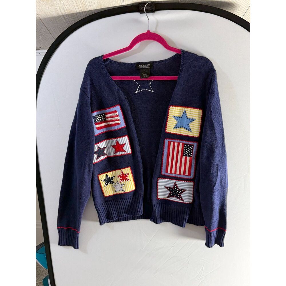 All Points Americana Flag Star Appliqué Cardigan Sweater Navy Large